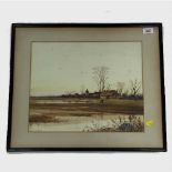 William Baker : Figures out walking on open marshland with a town beyond, watercolour, signed,