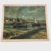 Moi Parry : Fishing boats in a harbour, oil on board, signed, 59 cm x 75 cm,