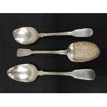 Three Georgian fiddle pattern silver spoons, 1815 and later, 192.9g gross.