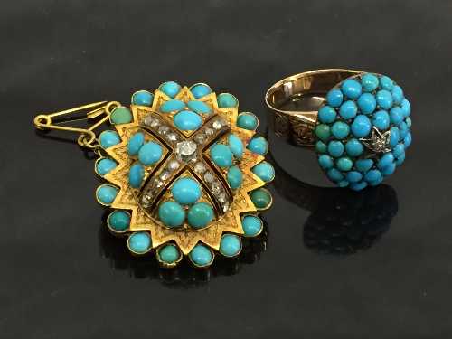 A late nineteenth century 14ct gold turquoise and diamond set ring,