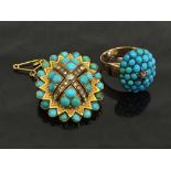 A late nineteenth century 14ct gold turquoise and diamond set ring,