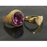 A Continental yellow gold gentleman's amethyst set ring, 5g, together with a 9ct gold signet ring,