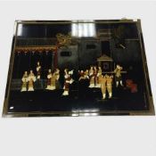 Twentieth Century Japanese School : Fifteen figures in a garden, a set of four lacquered panels,