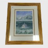 David Welsh : A small boat in choppy waters, pastel with bodycolour, signed in pencil,