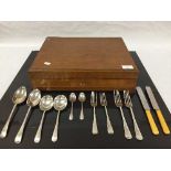 A oak cased canteen of silver and stainless steel flatware, comprising six silver table forks,