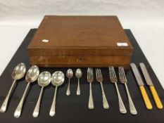 A oak cased canteen of silver and stainless steel flatware, comprising six silver table forks,