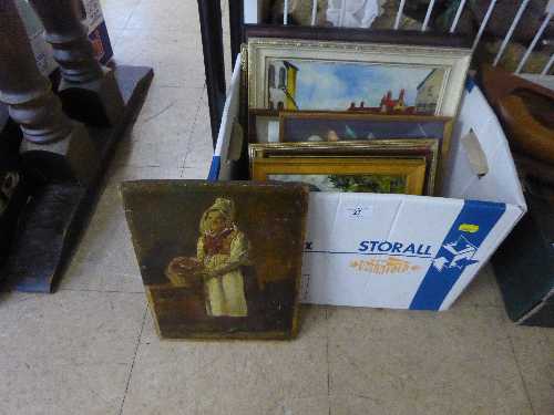 Box of framed oils and pictures - Early twentieth century oil on panel depicting a lady with