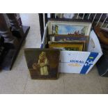 Box of framed oils and pictures - Early twentieth century oil on panel depicting a lady with