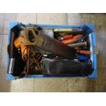 A box of Black & Decker drill, hand saws, chisels,