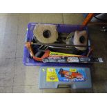 A cased two tonne hydraulic car jack and a box of wire, hand saw, hand tools,