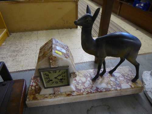 Marble Art Deco mantel clock with figure of a deer