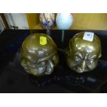 Pair of Chinese Buddha heads with character marks to base (2)