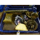 Basket of silver plated embossed tray, plated brushes, table box, brass crocodile,