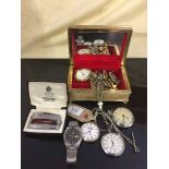 A box of costume jewellery, pocket watches, Ronson lighter,