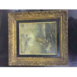 Four early 20th century gilt framed oils - figures by ruins, galleon,