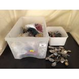 A box of costume jewellery and a small box of crested teaspoons