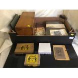Box of case of glass slides, cigarette card album,