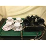 A tray of pair of cased Carl Zeiss binoculars and a four Allertons china cups and saucers