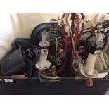 A box of pair of cased binoculars, desk fan, metal light fitting, scones,