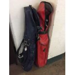 Two golf bags containing a quantity of irons & wooden headed drivers - Wilson etc