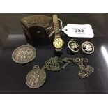 A small Japanese mixed metal trinket box containing lady's 9ct gold Regency wristwatch,