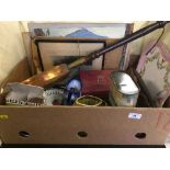 Box of copper bed warmer, carved hardwood book slide, vintage slazenger tennis ball tin with balls,