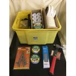 Box of pocket multi tool, hammers, torch,