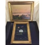 A quantity of framed oils, chalk wall plaque, studio pottery, tankards,