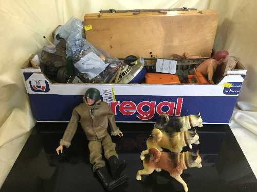 Box of Vintage action men and accessories, cased miniature wood working set,