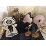 Three gilt framed mirrors, box of gilt wall lights, china mantel clock, oriental vase,