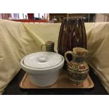 A retro studio ware vase together with an antique lidded pot and pair of continental ewers