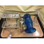 A mid twentieth century chrome and glass hors d'oeuvre stand together with blue glass owl figure,