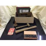 A box of wooden ware and collectables, cribbage board, wooden box, LMS wooden bar, vintage dominoes,