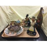 A tray of advertising collectables, wooden brass bound bottle, Miner's strike plate, character jugs,