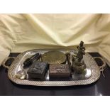 A silver plated twin handled tray together with eastern boxes, brass gong with beater,