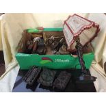 A box of assorted brass and copper lamps, wooden table lamp,