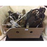 A box of gilt metal wall lights, metal light fitting with stained glass panels,