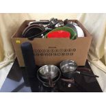 Three boxes of cutlery, kitchenalia, stainless steel ware,