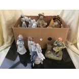 A box of Spanish figures - Nao and Cascades etc and a squirrel handled pottery jug