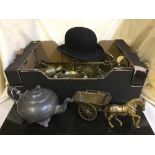 A box of pewter kettle, fire irons, brass horse and carriage,