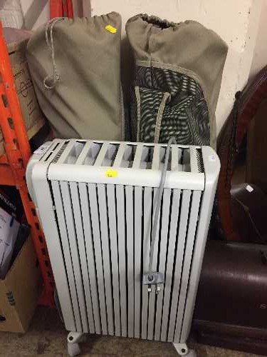 A Delongi oil filled radiator and two camping chairs in bags