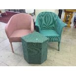 A Lloyd Loom s/l box and two painted loom chairs