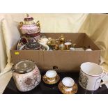 A box of Vaux brewery frog mug, continental gilded lidded urn, biscuit barrel, chamber pot,