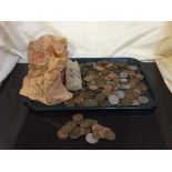 A tray of British copper and silver coins - penny pieces,