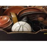 Three boxes of Danish pottery, cooking dishes, lidded pots,