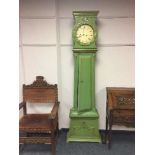 A continental painted longcase clock, with pendulum and weights.