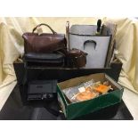 A box of cine camera, bowls in bag, enamelled bread bin, fishing equipment,