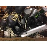 Two boxes of ice skates, Wilson tennis balls, croquet set,