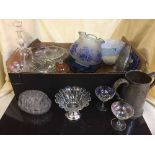 A box of late 19th century twin handled pewter mug, art deco light shade, carnival glass,