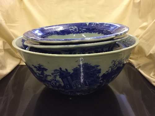 Three reproduction ironstone blue and white bowls and one other